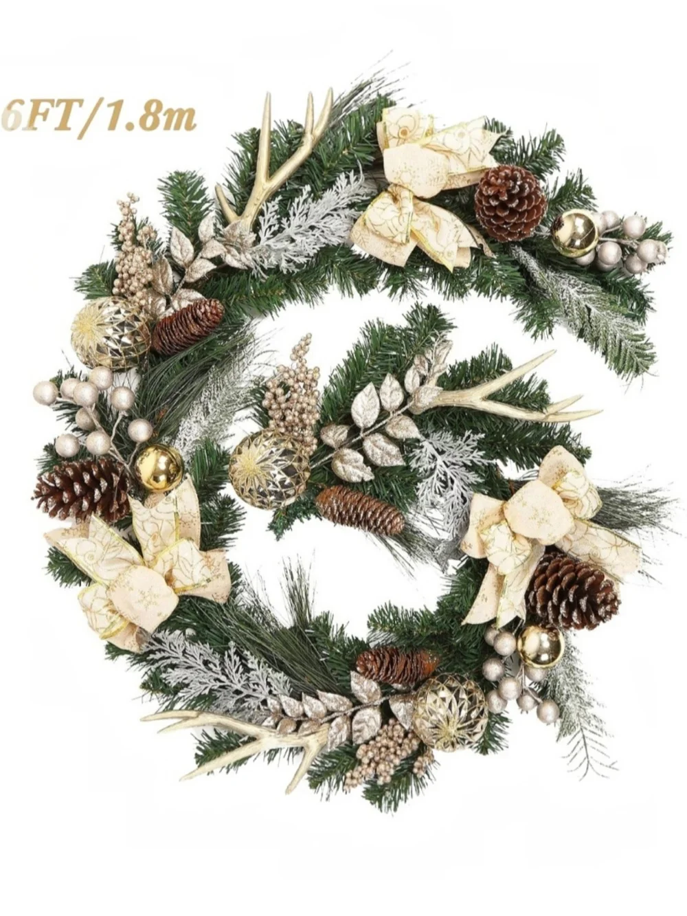 Elegant Gold & Pine Holiday Garland with Bows and Lights. 6 Feet. NEW.